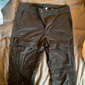 Black, spotted bleached joggers , 28 with front and side zippers